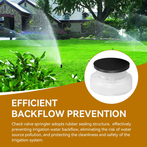 Sprinkler check valve (2-pack) with white plastic body and black cap; lawn irrigation sprinkler visible in background
