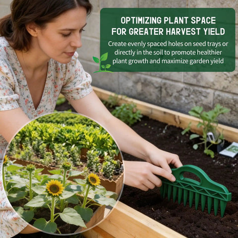 Woman using Seven Piece Seed Dispenser Set With 12 Hole Seeder Upgraded Mini Seed Spreader for garden planting.