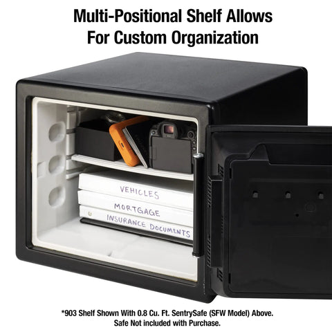 Adjustable Shelf Insert For 0.8 And 1.2 Cu Ft Fireproof Waterproof Safes, White, showing organized documents and camera.