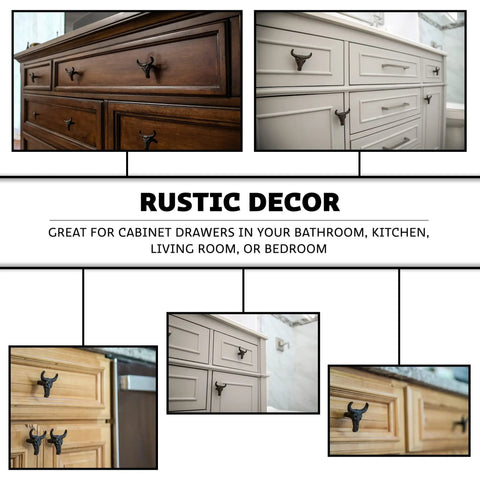Set Of 6 Steer Skull Drawer Pulls Rustic Brown Cast Iron Cabinet Knobs For Farmhouse Kitchen Drawers showcased on multiple cabinet styles.