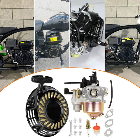 Pull Recoil Starter Carburetor For Predator 212cc And 196cc Engines with parts and mounted on go-karts and mini bikes