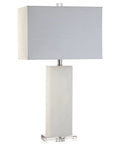 White Alabaster 27 Inch Rectangular Table Lamp With White Linen Shade and LED Bulb on clear base