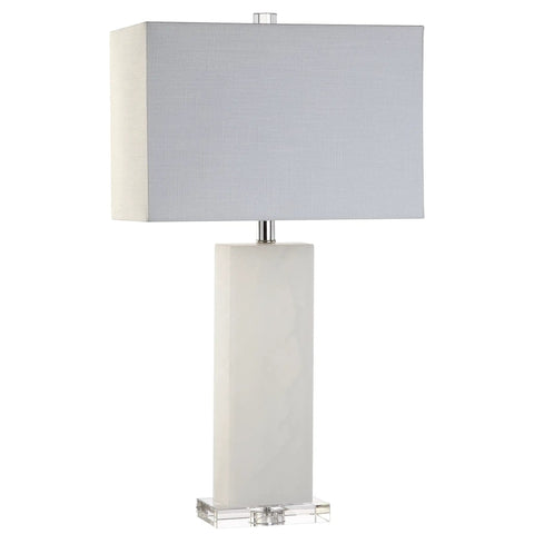 White Alabaster 27 Inch Rectangular Table Lamp With White Linen Shade and LED Bulb on clear base