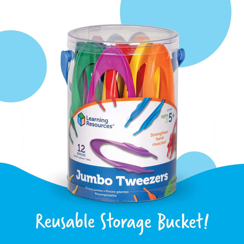 Jumbo Tweezers For Fine Motor Play, Sensory Bin Tools And Montessori Grabber, packaged in a clear bucket.