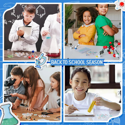 Science Mini Erasers 80 Pack With Eight Pattern Erasers Microscope U Shaped Magnets DNA Molecule Physical Formula Light Bulb Globe Conical Flask Kid Friendly Back To School Classroom Prizes For Students And Teachers shown with kids in classroom.