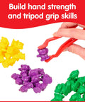 Set Of Sixty Mini Bear Counters Packed In A Sturdy Jar With Tweezers And An Activity Guide For Big Time Sorting Practice And Kid Approved Early Learning Adventures. Colorful bear counters in use with tweezers.