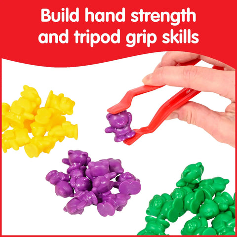 Set Of Sixty Mini Bear Counters Packed In A Sturdy Jar With Tweezers And An Activity Guide For Big Time Sorting Practice And Kid Approved Early Learning Adventures. Colorful bear counters in use with tweezers.