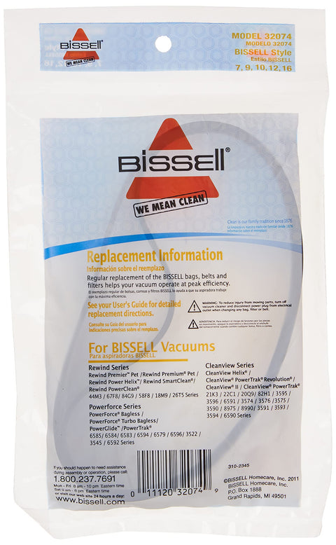 Bissell replacement vacuum belts, 2-pack, model 32074, front of package