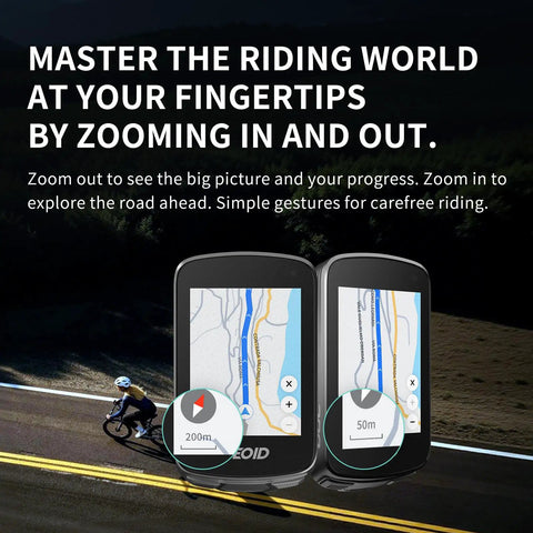 Cyclist using 2.8 Inch Color Touchscreen GPS Bike Computer With Smart Map Navigation And ReRoute Planning at night