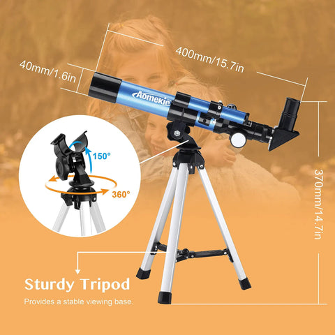 Portable Telescope For Kids And Astronomy Beginners 40 By 400 With Tabletop Tripod And Two Eyepieces Finderscope Compass Space Gift For Stargazing For Night Sky Observation. blue telescope on tabletop tripod with 40mm aperture and 400mm length