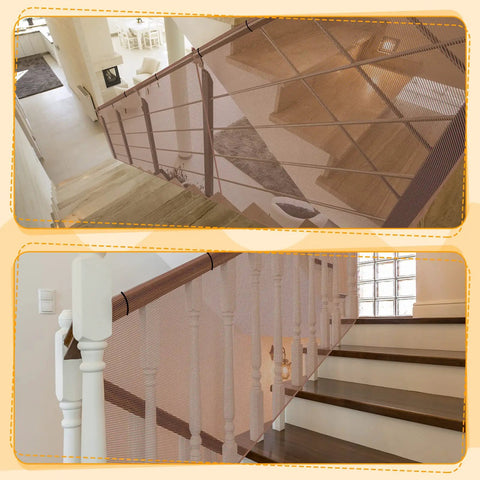 Two Pack Brown Baby Banister Guard Net For Stairs And Balconies installed on staircase for kid and pet safety.