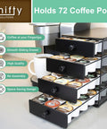 Black Satin 4 Tier Coffee Pod Drawer Organizer Compatible With K Cups Holds Up To 72 Pods, showing drawers with K-Cups on counter