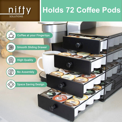 Black Satin 4 Tier Coffee Pod Drawer Organizer Compatible With K Cups Holds Up To 72 Pods, showing drawers with K-Cups on counter