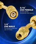 Four Pack Angled R410A Adapters For Mini Split HVAC Service Five Sixteenth Inch Female To One Quarter Inch Male Flare Fittings Pro Grade Easy Connect For Diagnostics And Maintenance, 5/16 SAE female and 1/4 SAE male bronze angled fittings