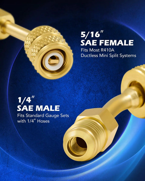 Four Pack Angled R410A Adapters For Mini Split HVAC Service Five Sixteenth Inch Female To One Quarter Inch Male Flare Fittings Pro Grade Easy Connect For Diagnostics And Maintenance, 5/16 SAE female and 1/4 SAE male bronze angled fittings