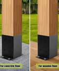 Beefy 4x4 Post Base Brackets, 8 Pack, Heavy Duty Solid Steel Deck Post Anchors With Black Powder Coat on concrete and wooden floors.