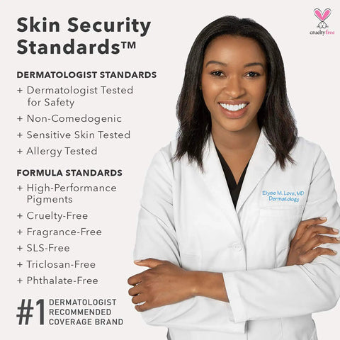 Elyse M. Love, MD, wearing a lab coat, showcases Skin Security Standards for skincare products.
