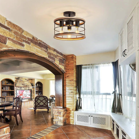 Industrial Farmhouse Dope Semi Flush Mount Ceiling Light Fixture With White Wood Grain Metal Cage in living room setting