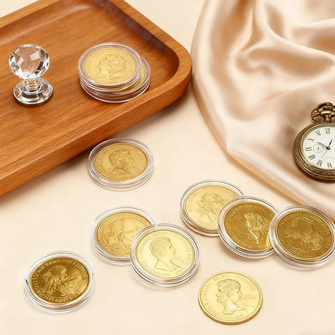 20 Pack Brass Coin Blanks, 40mm Diameter, 2mm Thick, Laser Engravable Coins displayed on a wooden tray and table surface