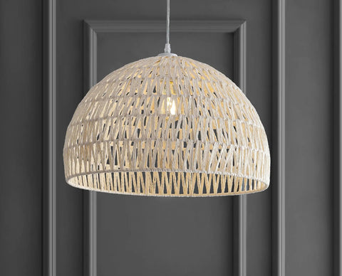 Cream Modern Boho Rope LED Pendant Light Fixture With Adjustable Dome Ceiling Lamp For Kitchen Island, rope shade displayed