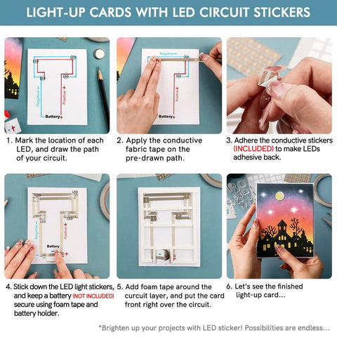 Step-by-step guide to using the 60 Piece White LED Circuit Stickers and Conductive Fabric Tape DIY Light Kit For Crafters Mini Starter Set