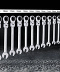 12-piece Flexible Ratchet Wrench Set 8 to 19mm, flex head, chrome vanadium, for home and car repair DIY quick fixes on display.