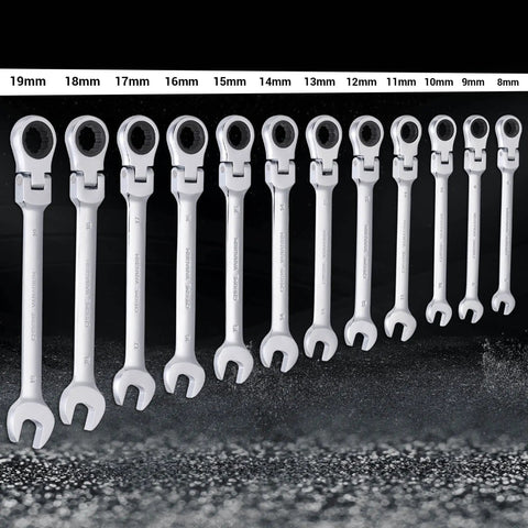 12-piece Flexible Ratchet Wrench Set 8 to 19mm, flex head, chrome vanadium, for home and car repair DIY quick fixes on display.