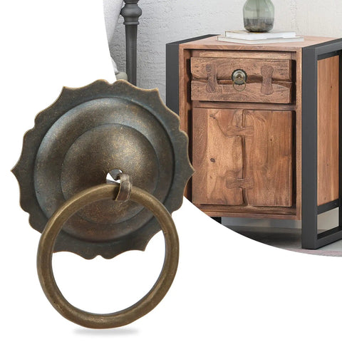 Antique Brass Cabinet Knob With U Shaped Needle Mounting Kit for doors, showing hand-finish detailing, with vintage wooden cabinet.