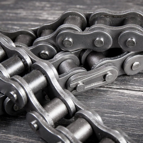 Close-up of Beefy Three Eighths Inch Pitch Roller Chain 10 Feet 320 Links 06B Metric Standard Carbon Steel Heavy Duty Drive Chain