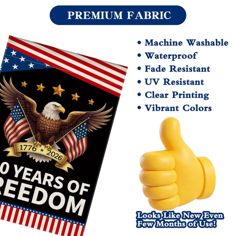 Patriotic Garden Flag Celebrating 250 Years Of Freedom With Eagle Design For Fourth Of July Double Sided Waterproof 12 By 18 Inch USA Flag Banner with eagle and stars design showcasing features like premium fabric and vibrant colors.