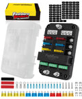 12V 6 Way Fuse Block With Relay For Marine And RV Applications, ATC ATO Blade Fuses, LED Indicator, and mounting accessories included.
