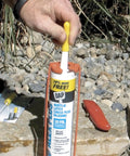 Reusable Tube Sealer With Puncture Pin For Caulk, Four Pack, Keeps Open Tubes Sealed Tight Between Jobs, Stops Dry Out, Pro DIY Tool That Preserves Caulk Freshness And Reduces Waste, yellow-handled caulk tube sealer on outdoor caulk tube