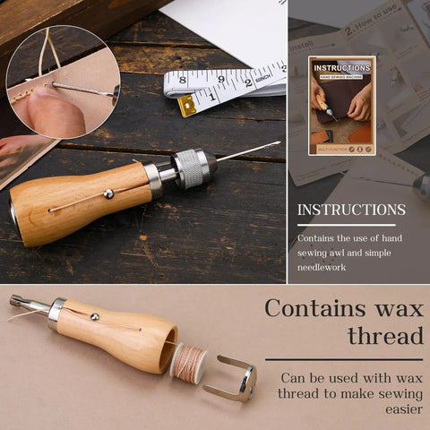 40 Piece Sewing Awl Kit With Storage Bag For Leather DIY Repair Portable Stitching Tool Set With Waxed Thread Multiple Needles And Easy Instructions Perfect For Hobbyists And Craft Lovers, featuring wooden handle awl and wax thread.