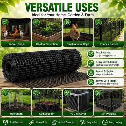 Tough As Nails Black Vinyl Coated Hardware Cloth One Quarter Inch Mesh Wire Fencing Roll for animal cages and fences.