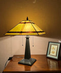 Cream Tiffany Style Table Lamp With 24 Inch Tall, 16 Inch Square Stained Glass Shade, Mission Desk Light For Reading And Home Decor