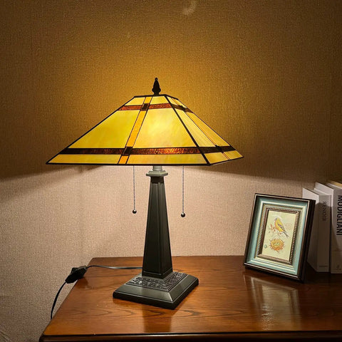 Cream Tiffany Style Table Lamp With 24 Inch Tall, 16 Inch Square Stained Glass Shade, Mission Desk Light For Reading And Home Decor