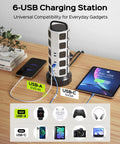 26 In 1 Power Station With 20 Outlets And 6 USB Ports Including 2 USB C Flat Plug Extension Cord shown charging multiple devices