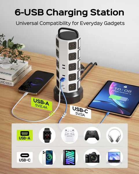 26 In 1 Power Station With 20 Outlets And 6 USB Ports Including 2 USB C Flat Plug Extension Cord shown charging multiple devices