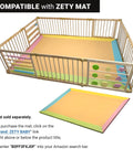 Natural Pine Wood Foldable Baby Playpen With 10 Expandable Panels And Built In Jumbo Activity Toys tot approved setup with security door and colorful activity mat.