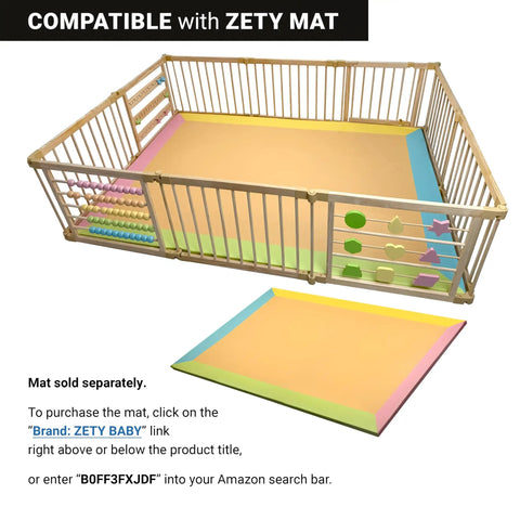 Natural Pine Wood Foldable Baby Playpen With 10 Expandable Panels And Built In Jumbo Activity Toys tot approved setup with security door and colorful activity mat.
