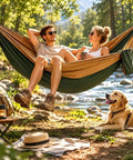 Double Camping Hammock All-In-One Set In Fruit Green Gradient with people relaxing by river