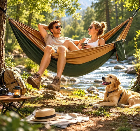 Double Camping Hammock All-In-One Set In Fruit Green Gradient with people relaxing by river