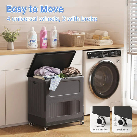 Hella Spacious Rolling Storage Totes With Snappy Lid Covers And Easy Glide Wheels Big Boy 130 Quart Plastic Organizer Bins with laundry inside