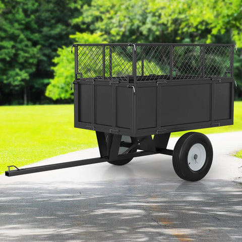 Heavy Duty Steel Garden Dump Cart For ATV UTV Up To 750 Pounds With 17 Cubic Feet Cargo Bed Removable Mesh Sides Quick Dump Pneumatic Tires