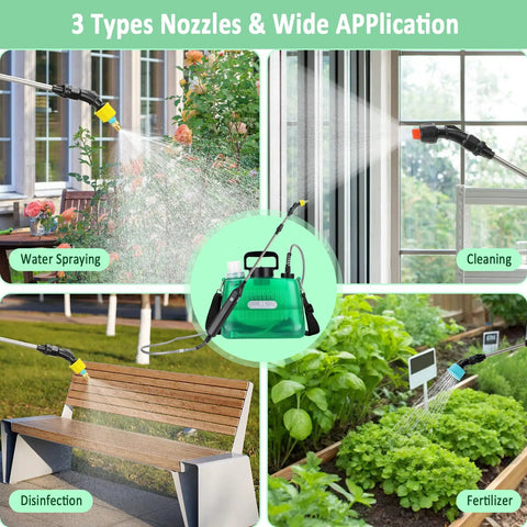 Cordless 1.35 Gallon Battery Powered Sprayer for lawn and garden with no fuss self priming pump four nozzles and modes in use