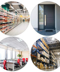 Outdoor Dummy Security Camera Kit Pack Of 4 With Wireless Dome Design Realistic Look Flashing Red LED Motion Light Easy Mount Battery Powered No Wiring For Home Or Business Use Anywhere shown in various settings: supermarket, entrance door, office, and warehouse.