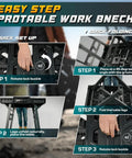 Steps to fold the Foldable Work Bench Portable Work Table Beefy 1650 Lbs Capacity 34 Inch Wide 25 Inch Deep 31 Inch High Lightweight Easy Fold Space Saving Garage Workshop Table For Home Shop And DIY Projects.