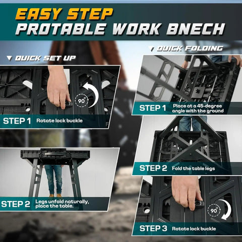 Steps to fold the Foldable Work Bench Portable Work Table Beefy 1650 Lbs Capacity 34 Inch Wide 25 Inch Deep 31 Inch High Lightweight Easy Fold Space Saving Garage Workshop Table For Home Shop And DIY Projects.