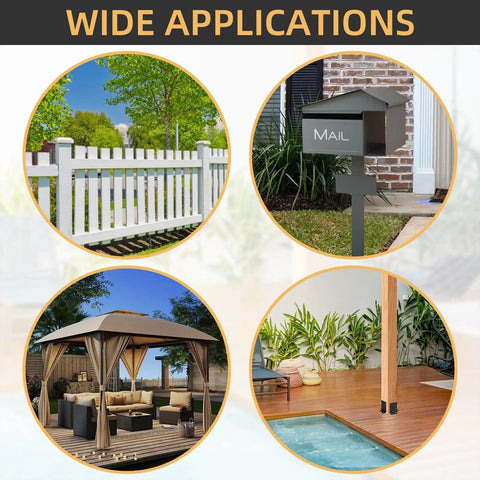 Four Pack Post Anchor Base Set Black Powder Coated Deck Post Brackets used in fence, mailbox, pergola, and decking applications
