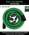 Hose Kit For 1-7/8 Inch Vacuums With Universal 2-1/2 Inch Adapters, 13 Foot Wet Dry Vacuum Hose With 6 Fittings And Attachments, Green